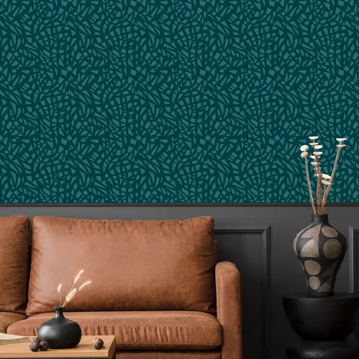 Shattered wallpaper in teal in a modern room